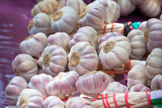 Garlic bunches in a market