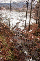River in forest flowing in a mountain lake  winter landscape