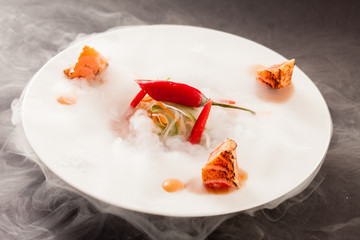 Liquid nitrogen treated salmon and chili pepper
