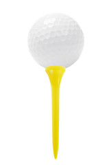 Golf ball on tee, isolated on white.