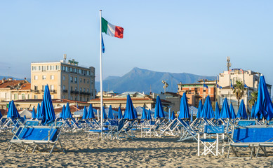 Viareggio beach with colorful umbrellas.Tuscany, Italy.