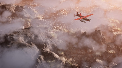 Aerial of red airplane flying over grey rock mountain landscape