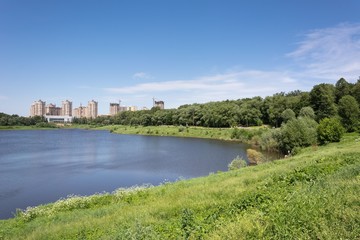 Fototapeta na wymiar Lake in summer city park on a sunny day
