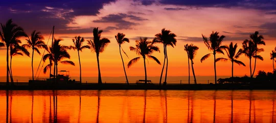 Foto auf Acrylglas Antireflex Reisebanner - Strandparadies Sonnenuntergang Palmen © Maridav
