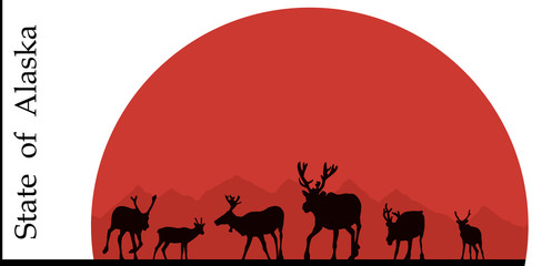 Illustration of Alaska, deer against the sun.