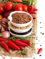 Red, black and unpolished organic rice and vegetables
