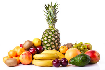Fresh fruits isolated on a white background. Set of different fr