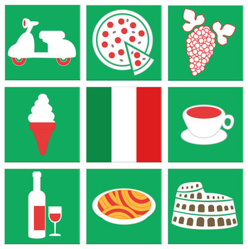 vector collection of  icons about italy: flag, food, vehicle