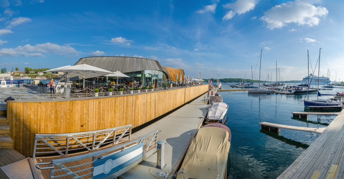 Panaroma of marina and restaurant in Oslo Fjord, Oslo, Norway