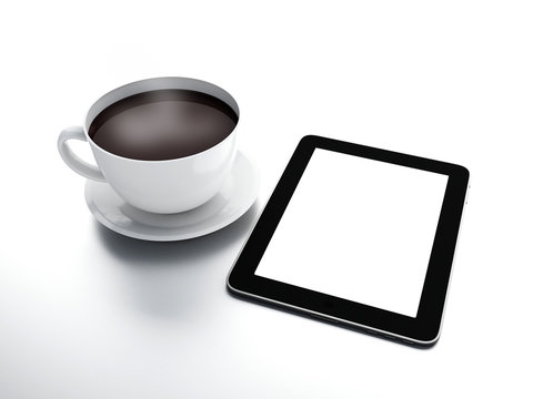 Morning news. Coffee cup with tablet pc
