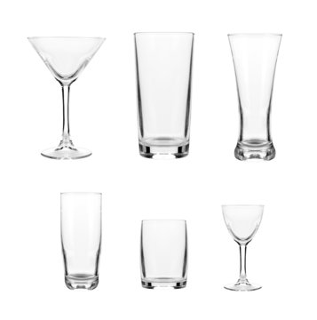 set with different empty glasses and mugs on white background