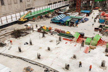 high view of construction site and worker