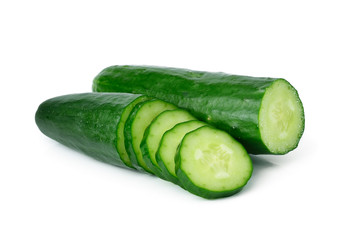 Cucumber and slices isolated over white background