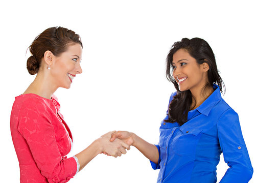 Business women shaking hands on white background 
