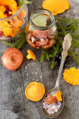 Jar of picked chanterelles and fresh mushrooms