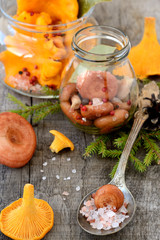 Jar of picked chanterelles and fresh mushrooms