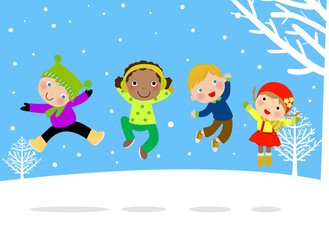 Group of kids jumping on snow