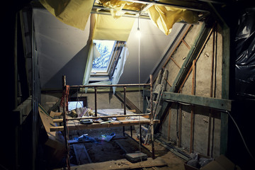 New window at construction site in the attic