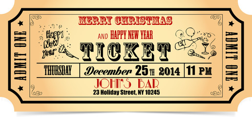Merry X-mas and Happy New Year ticket - obrazy, fototapety, plakaty
