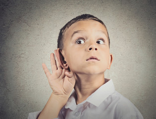 Curious man, boy, listens parents adult talk hand to ear gesture
