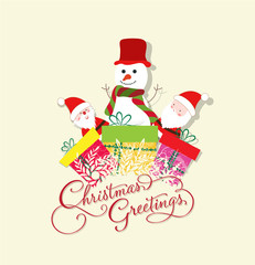 Christmas Card with Santa Claus, snowman and gift