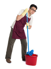 chinese male janitor or house husband cleaning isolated on white