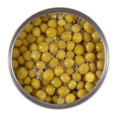 Canned green peas in tin on white.
