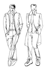 Two stylish dude men .Fashion vector sketch