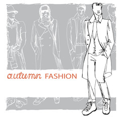 Stylish autumnal dude on grunge background.Fashion illustration