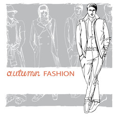 Stylish autumnal dude on grunge background. Fashion illustration