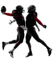 Fototapeta na wymiar two american football players touchdown celebration silhouette