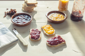 Toasts with homemade jam in colorized vintage