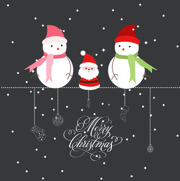 Merry christmas with santa claus and snowman