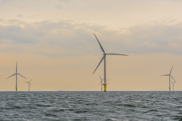Offshore wind farm during sunset