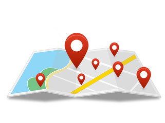 Map with many pin on isolated background