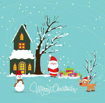 Merry christmas with santa claus, snowman, deer and gift