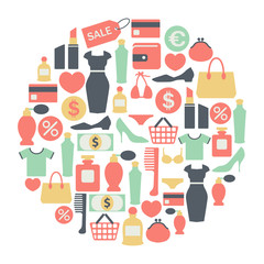 round design element with shopping icons