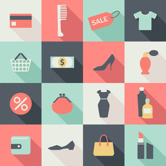 set of flat shopping icons with shadows - 70023599