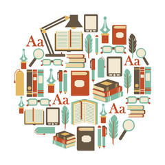 round design element with books icons