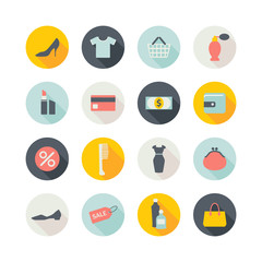 set of round shopping icons with shadows