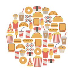 round design element with fast food icons