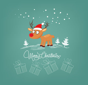 Merry christmas card with deer and gift