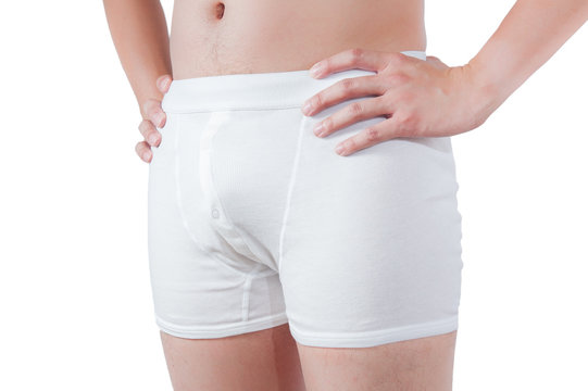 close up of man on white boxer underware isolate on white backgr