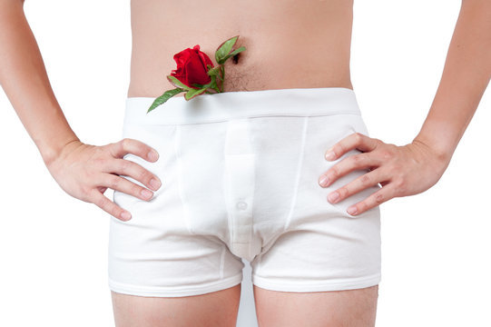 close up of man on white boxer underware  with rose pop out isol