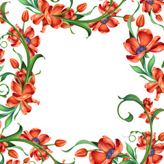 Fototapeta na wymiar red flowers illustration, floral frame isolated on white