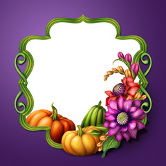 frame with autumn pumpkins and flowers, illustration