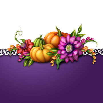 autumn pumpkins and flowers, festive background illustration