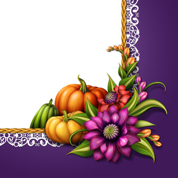 seasonal background, autumn pumpkins, flowers illustration