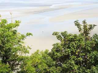 tidal bay at low tide near mont saint-michel abbey