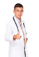 Portrait of medical male doctor with greeting gesture